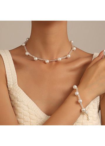 Pearl Detail White Necklace and Bracelet - unsigned - Modalova