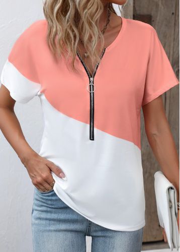 Dusty Pink Zipper Short Sleeve T Shirt - unsigned - Modalova