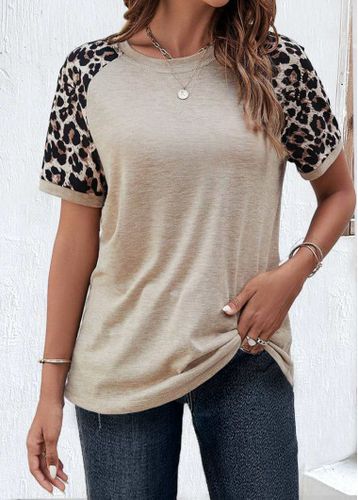 Light Camel Patchwork Leopard Short Sleeve T Shirt - unsigned - Modalova