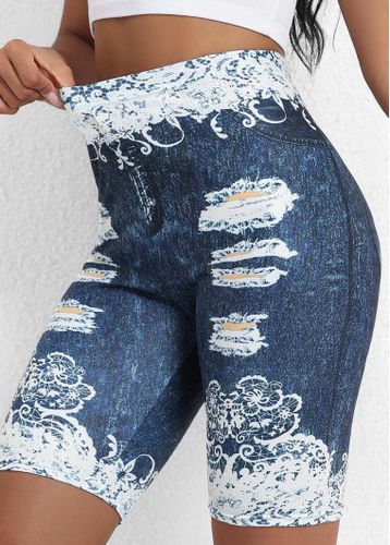 Denim Blue Floral Print High Waisted Short Leggings - unsigned - Modalova