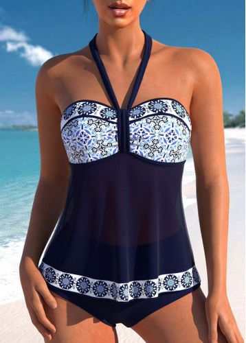 Patchwork Mid Waisted Geometric Print Navy Tankini Set - unsigned - Modalova