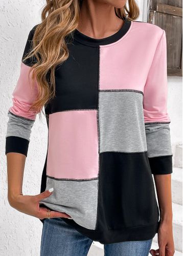 Light Pink Patchwork Long Sleeve Round Neck Sweatshirt - unsigned - Modalova