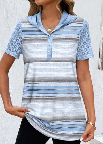 Light Blue Lace Striped Short Sleeve T Shirt - unsigned - Modalova