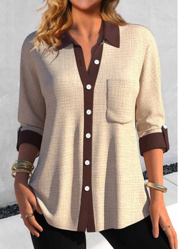 Light Camel Button Pocket Shirt Collar Blouse - unsigned - Modalova
