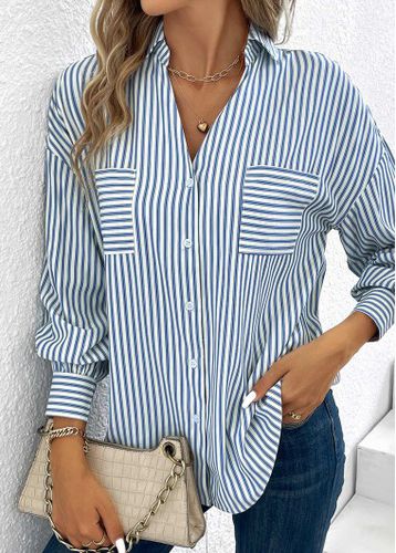 Blue Pocket Striped Long Sleeve Shirt Collar Blouse - unsigned - Modalova
