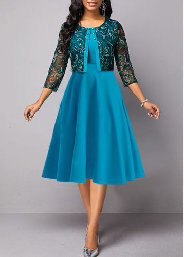 Peacock Blue Lace Three Quarter Length Sleeve Dress - unsigned - Modalova