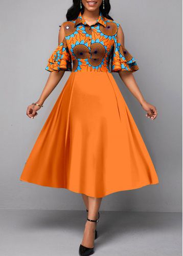 Orange Ruffle Tribal Print Half Sleeve Dress - unsigned - Modalova