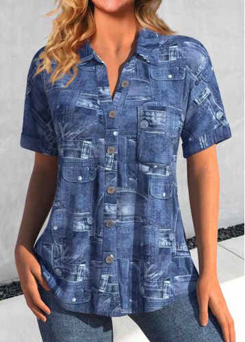 Denim Blue Pocket Short Sleeve Shirt Collar Blouse - unsigned - Modalova