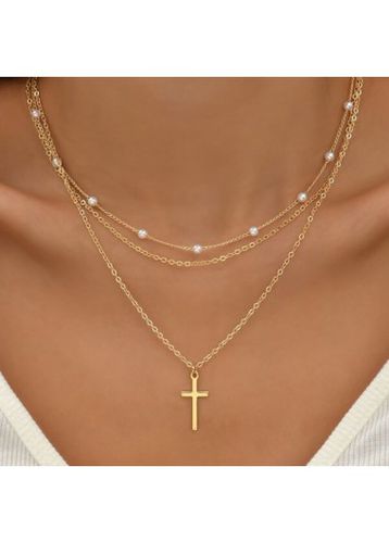Gold Cross Pearl Detail Alloy Necklace Set - unsigned - Modalova