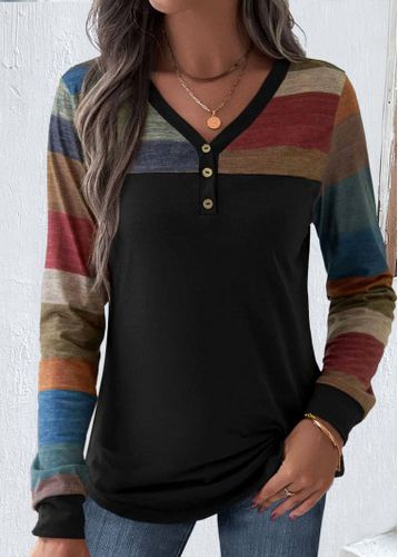 Multi Color Patchwork Striped Long Sleeve T Shirt - unsigned - Modalova