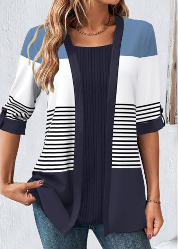 Square Neck Navy Patchwork Striped T Shirt - unsigned - Modalova