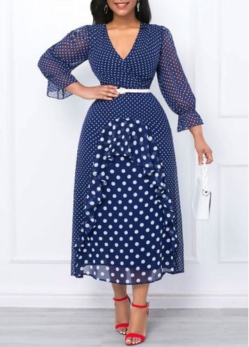 Dark Blue Patchwork Polka Dot Cross Collar Dress - unsigned - Modalova