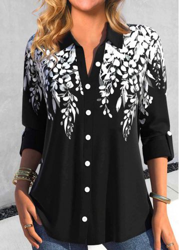 Black Button Leaf Print Long Sleeve Blouse - unsigned - Modalova