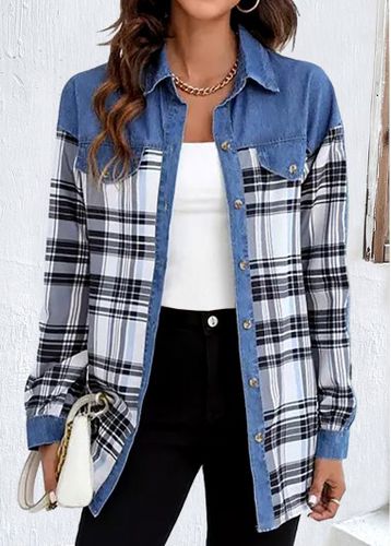 Denim Blue Patchwork Plaid Long Sleeve Blouse - unsigned - Modalova