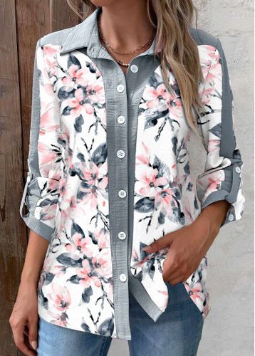 White Patchwork Floral Print Long Sleeve Blouse - unsigned - Modalova