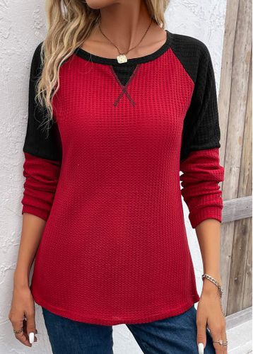 Wine Red Patchwork Long Sleeve Round Neck T Shirt - unsigned - Modalova