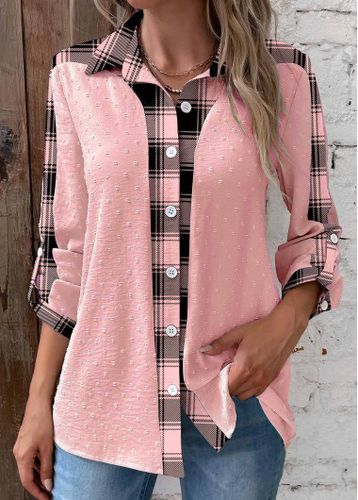 Pink Patchwork Striped Long Sleeve Shirt Collar Blouse - unsigned - Modalova