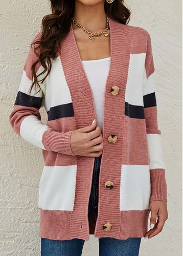 Pink Button Striped Long Sleeve Cardigan - unsigned - Modalova