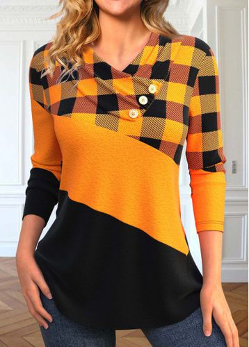 Orange Patchwork Plaid Long Sleeve T Shirt - unsigned - Modalova