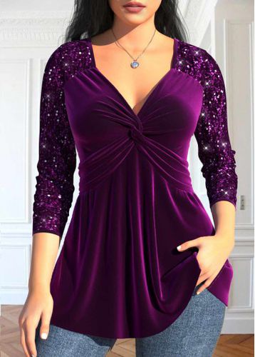 Purple Sequin Long Sleeve V Neck T Shirt - unsigned - Modalova