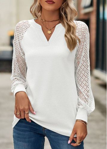 White Lace Long Sleeve Split Neck T Shirt - unsigned - Modalova