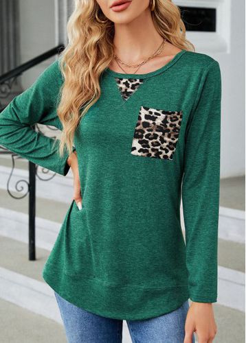 Green Patchwork Leopard Long Sleeve Round Neck T Shirt - unsigned - Modalova