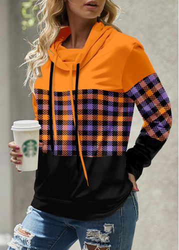Orange Patchwork Plaid Long Sleeve Cowl Neck Sweatshirt - unsigned - Modalova
