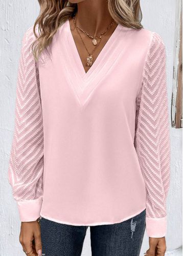 Light Pink Patchwork Long Sleeve V Neck Blouse - unsigned - Modalova