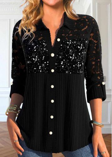 Black Sequin Long Sleeve Shirt Collar Blouse - unsigned - Modalova