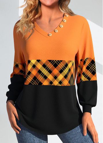 Orange Patchwork Plaid Long Sleeve V Neck Sweatshirt - unsigned - Modalova