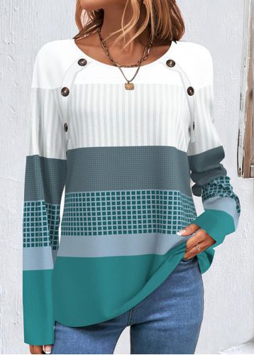 Turquoise Patchwork Geometric Print Long Sleeve Sweatshirt - unsigned - Modalova