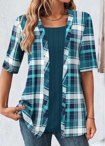 Peacock Blue Fake 2in1 Plaid T Shirt - unsigned - Modalova