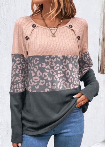 Decorative Button Light Pink Leopard Long Sleeve T Shirt - unsigned - Modalova