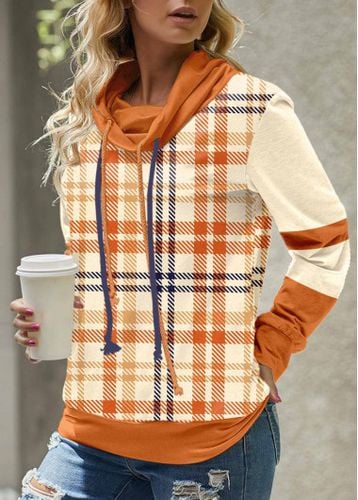 Orange Patchwork Plaid Long Sleeve Cowl Neck Sweatshirt - unsigned - Modalova