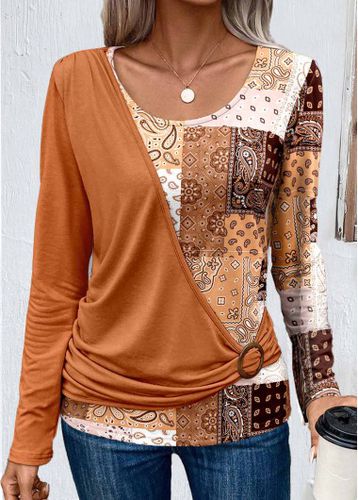 Orange Asymmetry Patchwork Long Sleeve T Shirt - unsigned - Modalova