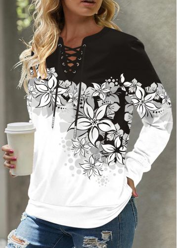 Black Eyelet Floral Print Long Sleeve Cowl Neck Sweatshirt - unsigned - Modalova