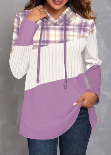 Purple Patchwork Plaid Long Sleeve Hoodie - unsigned - Modalova