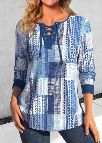 Denim Blue Lace Up Geometric Print T Shirt - unsigned - Modalova