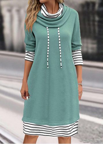 Sage Green Patchwork Striped Long Sleeve Shift Dress - unsigned - Modalova
