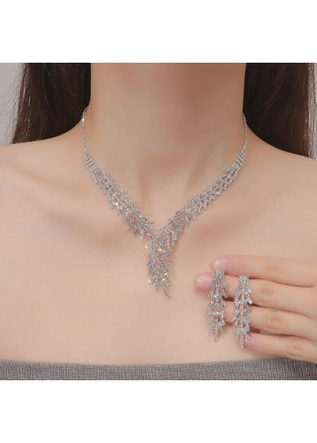 Silver Asymmetric Rhinestone Alloy Necklace and Earrings - unsigned - Modalova