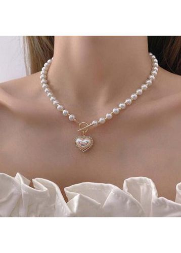 Silver Heart Rhinestone Detail Pearl Necklace - unsigned - Modalova