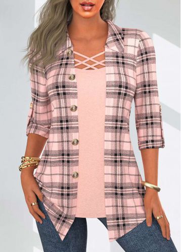 Dusty Pink Fake 2in1 Plaid Long Sleeve Blouse - unsigned - Modalova