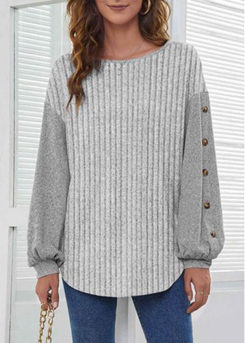 Grey Button Long Sleeve Round Neck Sweatshirt - unsigned - Modalova