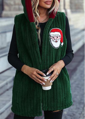 Christmas Green Santa Claus Print Sleeveless Hooded Waistcoat - unsigned - Modalova