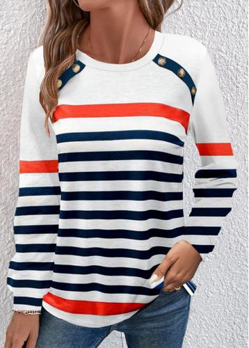Navy Button Multi Stripe Print Long Sleeve T Shirt - unsigned - Modalova