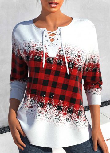 Red Lace Up Snowflake Print Long Sleeve Sweatshirt - unsigned - Modalova