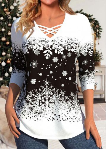 White Snowflake Print Long Sleeve V Neck T Shirt - unsigned - Modalova