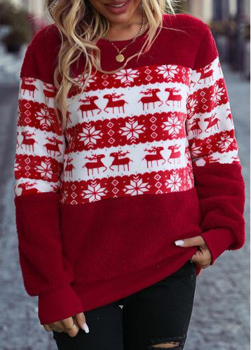 Red Patchwork Christmas Print Long Sleeve Round Neck Sweatshirt - unsigned - Modalova