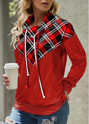 Red Patchwork Plaid Long Sleeve Cowl Neck Sweatshirt - unsigned - Modalova