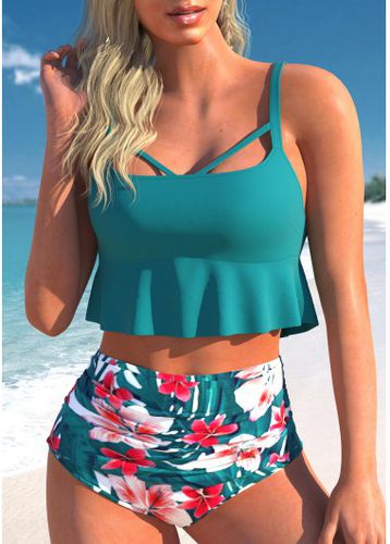 Ruffle Lace Up Turquoise Bikini Top - unsigned - Modalova